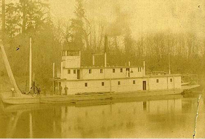 Snagboat "Skagit" on the Snoqualmie River, WA. 189-? Photo credit: Seattle Museum of History and Industry. Snagboat "Skagit" on the Snoqualmie River, WA. 189-? Photo credit: Seattle Museum of History and Industry.