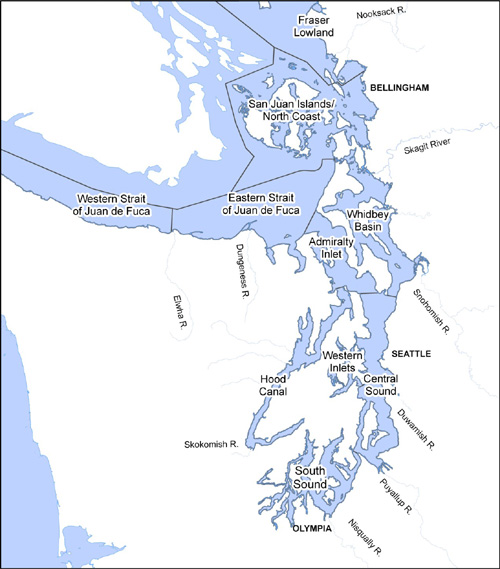 Sub-basins and major rivers of the Puget Sound region.
