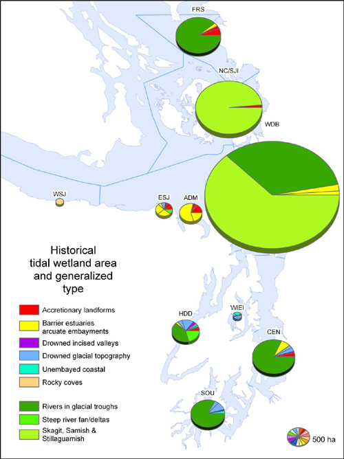 Area of historical tidal wetlands in different generalized complex types compared between 10 sub-basins.